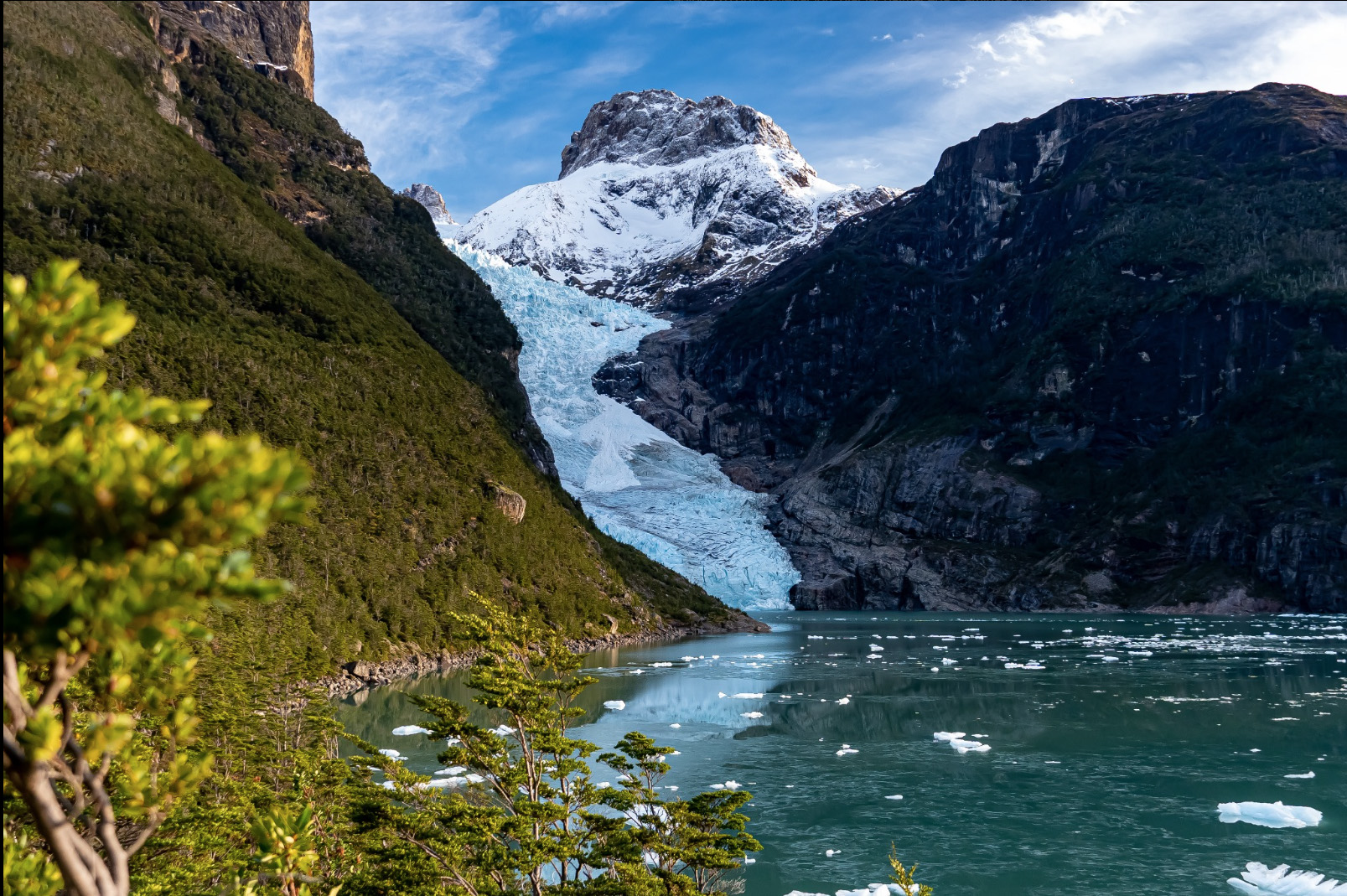 Glaciar Serrano y laguna glaciar con témpanos, fiordo Última Esperanza